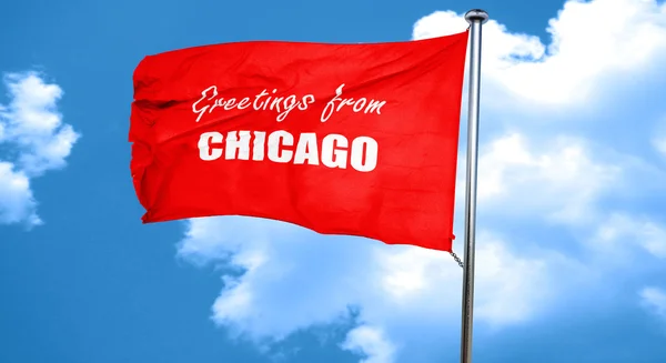 Saudações de Chicago, renderização 3D, uma bandeira acenando vermelho — Fotografia de Stock