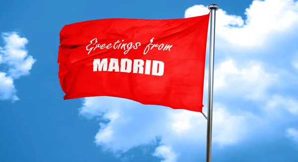 Saluti da madrid, rendering 3D, una bandiera rossa sventolante — Foto Stock