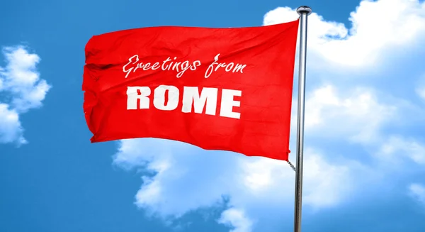 Grüße aus Rom, 3D-Darstellung, eine rote Flagge schwenkend — Stockfoto