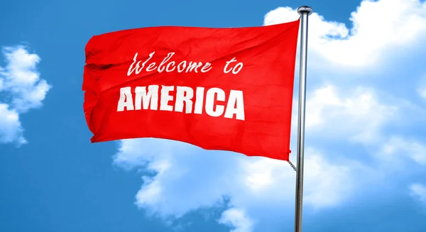 Hoşgeldiniz Amerika, 3d render, bir kırmızı bayrak sallıyor — Stok fotoğraf