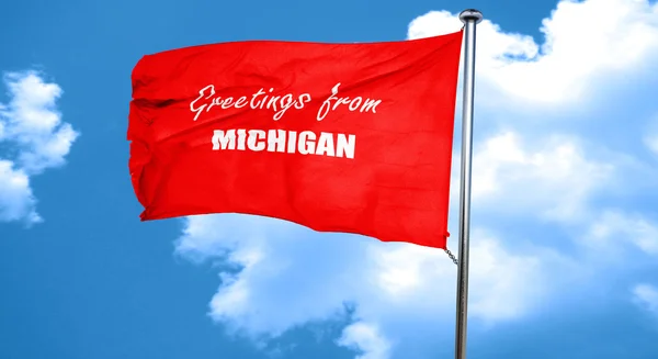 Saludos desde Michigan, 3D rendering, una bandera ondeante roja — Foto de Stock