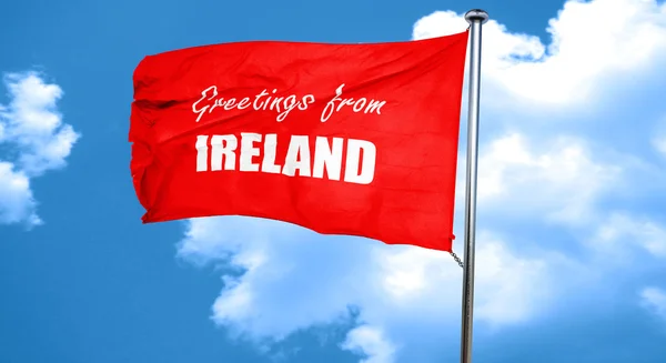 Grüße aus Irland, 3D-Darstellung, eine rote Flagge schwenkend — Stockfoto