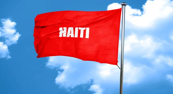 Grüße aus Haiti, 3D-Darstellung, eine rote Flagge schwenkend — Stockfoto