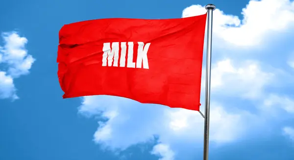 美味的牛奶标志，3d 渲染，红色那飘扬的旗帜 — 图库照片