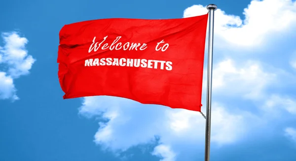 Bienvenido a masschusetts, 3D rendering, una bandera ondeante roja —  Fotos de Stock