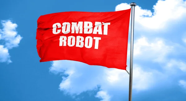 Savaş robotu işaret arka plan, 3d render, bir kırmızı dalgalanan bayrak — Stok fotoğraf