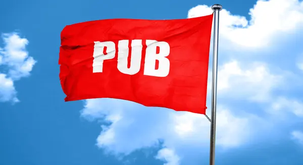 Pub sinal de fundo, renderização 3D, uma bandeira acenando vermelho — Fotografia de Stock