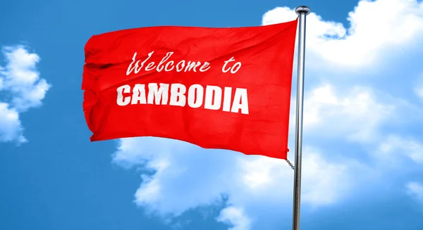 Bem-vindo à cambodia, renderização 3D, uma bandeira acenando vermelho — Fotografia de Stock