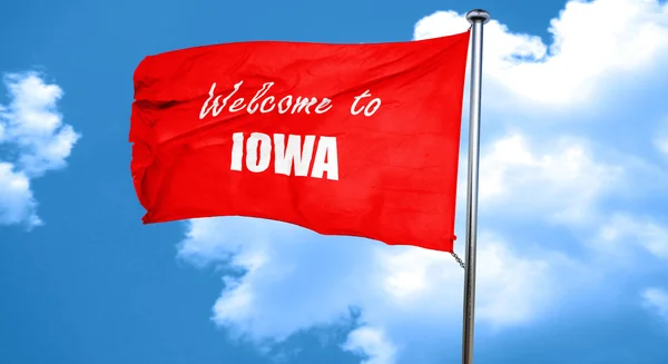Benvenuti a iowa, rendering 3D, una bandiera rossa sventolante — Foto Stock