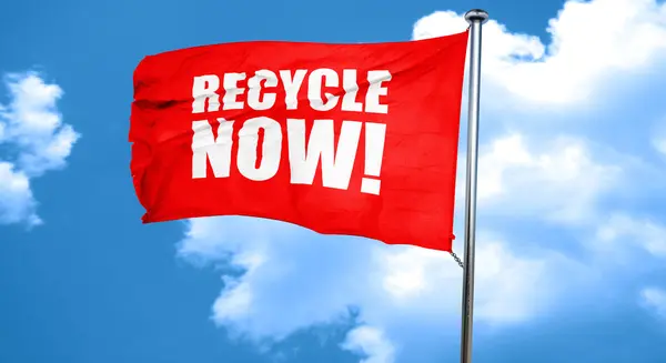 Reciclar ahora, renderizado 3D, una bandera ondeante roja — Foto de Stock