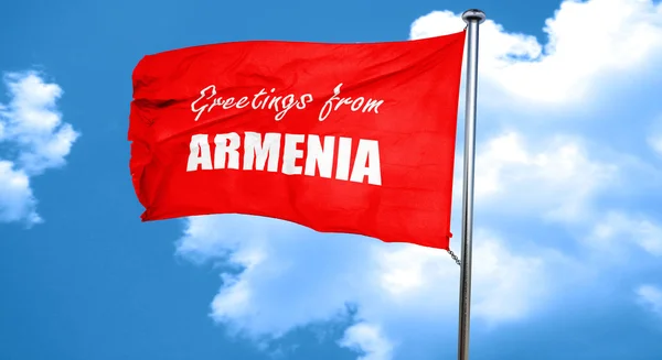 Saludos desde armenia, 3D rendering, una bandera ondeante roja — Foto de Stock