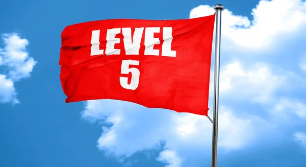 Nivel 5, representación 3D, una bandera ondeante roja —  Fotos de Stock