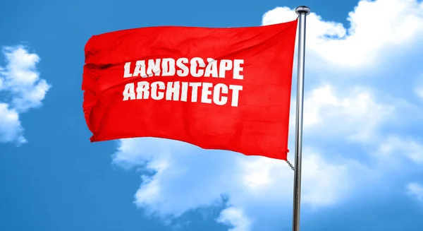 Arquitecto paisajista, representación 3D, una bandera ondeante roja — Foto de Stock