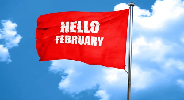 Hola febrero, representación 3D, una bandera roja ondeando — Foto de Stock