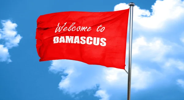 Üdvözöljük Damaszkusz, 3d-leképezést, egy piros zászló integet — Stock Fotó