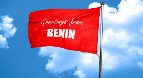 Saludos desde benin, 3D rendering, una bandera ondeante roja — Foto de Stock