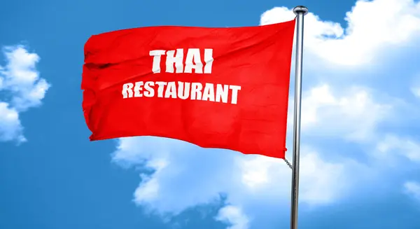 Deliciosa cocina tailandesa, representación 3D, una bandera roja ondeando —  Fotos de Stock