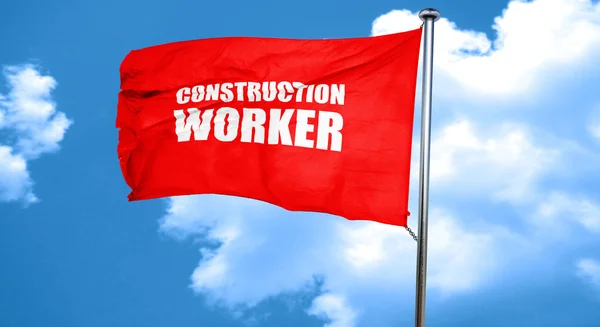 Trabajador de la construcción, representación 3D, una bandera ondeante roja —  Fotos de Stock