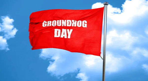 Groundhog day, 3d-rendering, en röd viftande flagga — Stockfoto