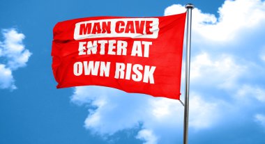 adam mağara işareti, 3d render, bir kırmızı dalgalanan bayrak