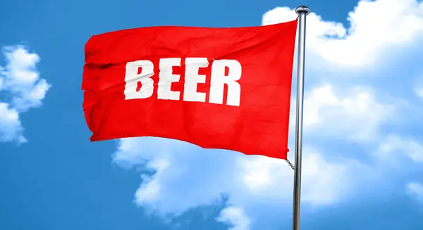 Cerveza, representación 3D, una bandera roja ondeando — Foto de Stock