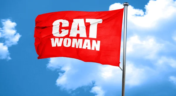 Gatto donna, rendering 3D, una bandiera rossa sventolante — Foto Stock