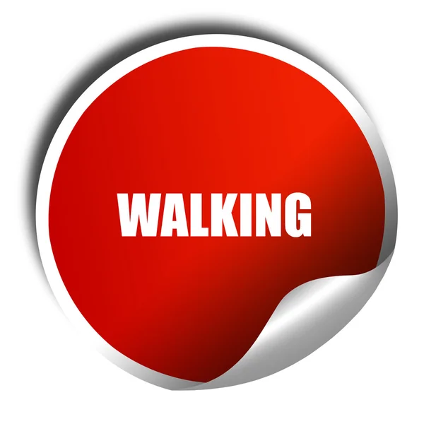 Caminando, representación 3D, etiqueta engomada roja con texto blanco — Foto de Stock