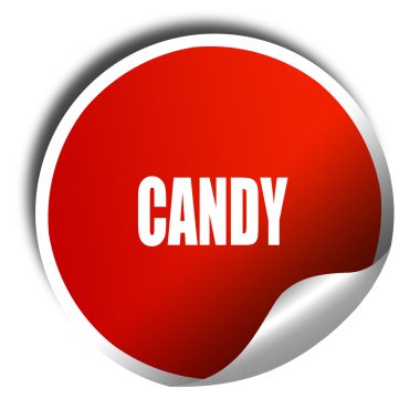 Delicious candy sign, 3D rendering, red sticker with white text