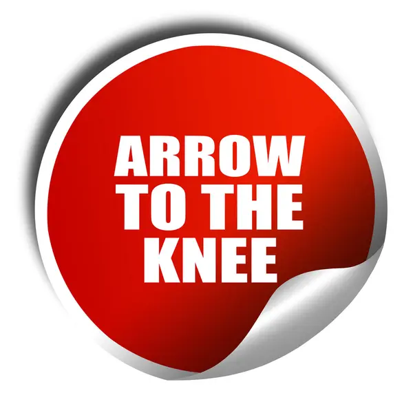 Flecha a la rodilla, representación 3D, etiqueta engomada roja con texto blanco — Foto de Stock