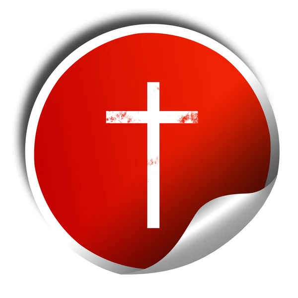 Ícone cruz cristã, renderização 3D, adesivo vermelho com texto branco — Fotografia de Stock