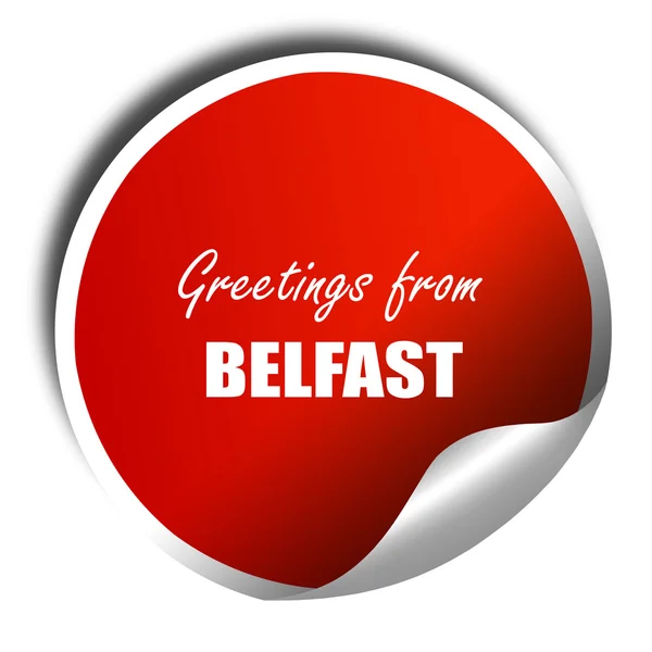 Saluti da belfast, rendering 3D, adesivo rosso con tex bianco — Foto Stock