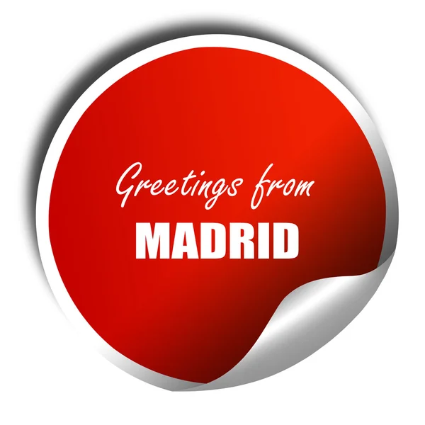 Χαιρετισμούς από τη Μαδρίτη, 3D απόδοση, κόκκινο αυτοκόλλητο με λευκό κείμενο — Φωτογραφία Αρχείου