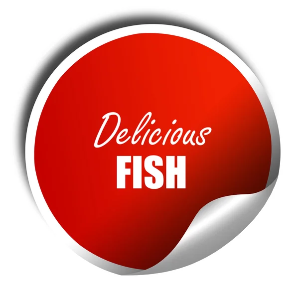 Lahodné ryby znamení, 3d vykreslování, červená nálepka s bílým textem — Stock fotografie