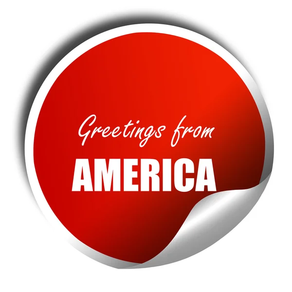 Saludos desde América, 3D renderizado, pegatina roja con tex blanco —  Fotos de Stock
