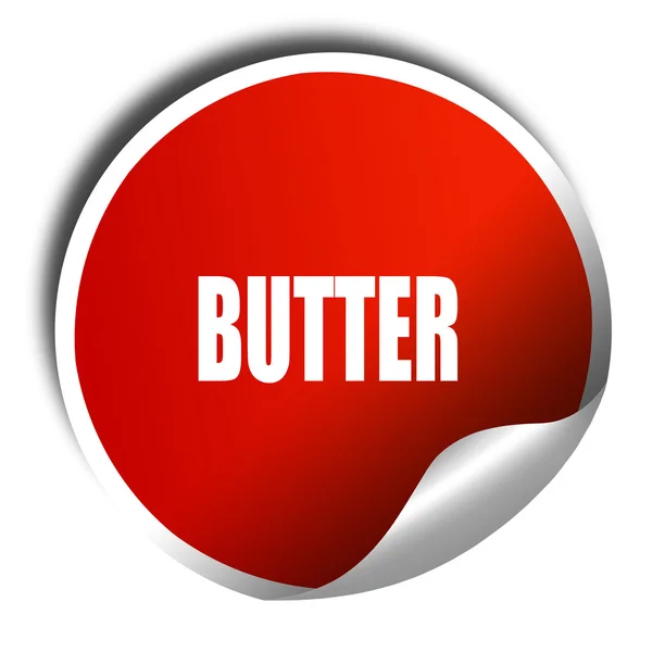 Delicioso sinal de manteiga, renderização 3D, adesivo vermelho com texto branco — Fotografia de Stock