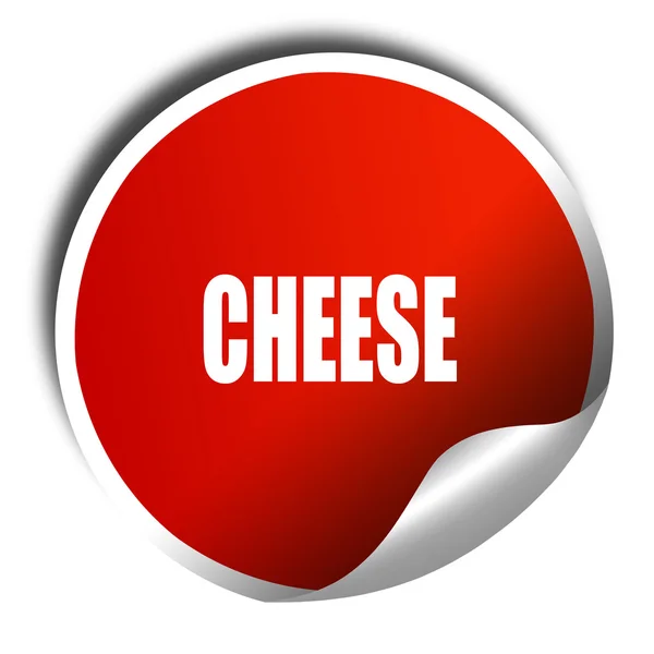 Delicioso signo de queso, representación 3D, etiqueta engomada roja con texto blanco — Foto de Stock