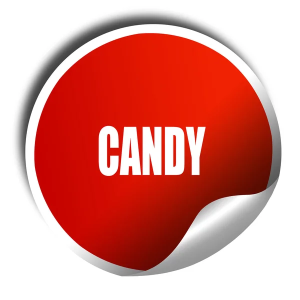 Delicioso signo de caramelo, representación 3D, etiqueta engomada roja con texto blanco —  Fotos de Stock