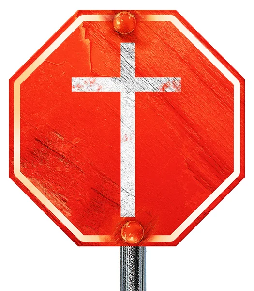 Christian cross icon, 3D rendering, a red stop sign — Stock Photo, Image