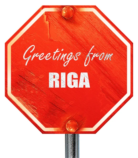 Χαιρετίσματα από τη Ρίγα, 3d rendering, ένα κόκκινο σημάδι στάσεων — Φωτογραφία Αρχείου