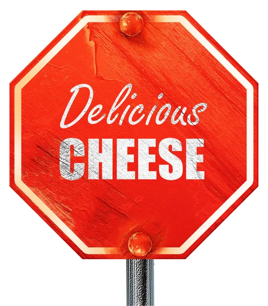 Delicious cheese sign, 3D rendering, a red stop sign — Stock Photo, Image