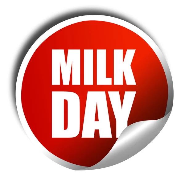 Γάλα την ημέρα, 3d rendering, ένα κόκκινο γυαλιστερό αυτοκόλλητο — Φωτογραφία Αρχείου