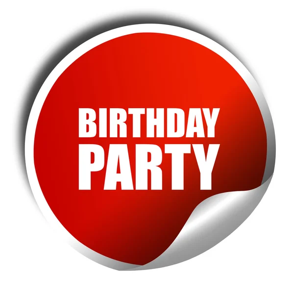 Birthday party, 3D rendering, a red shiny sticker — Stock Photo, Image