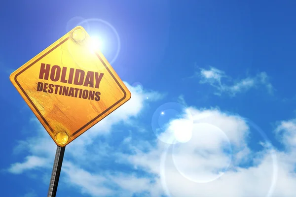 Destinos de férias, renderização 3D, sinal de tráfego amarelo brilhante — Fotografia de Stock
