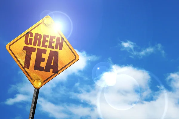 Chá verde, renderização 3D, sinal de tráfego amarelo brilhante — Fotografia de Stock