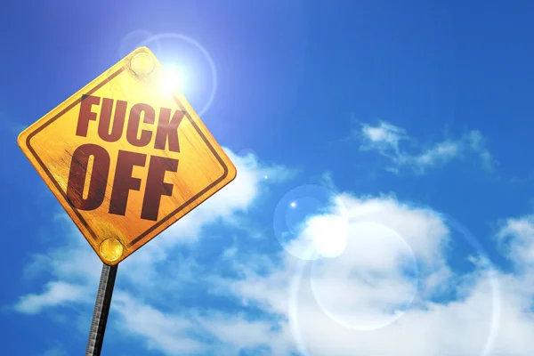 Fuck off, 3D rendering, glowing yellow traffic sign — Stockfoto