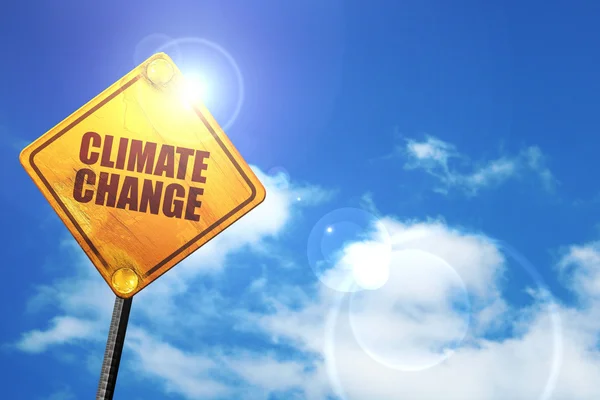 Climate change, 3D rendering, glowing yellow traffic sign — Stock Photo, Image