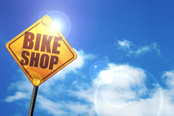 Магазин велосипедов, 3D рендеринг, светящийся желтый дорожный знак — стоковое фото