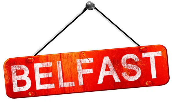 Belfast, 3D rendering, a red hanging sign — Stock Photo, Image