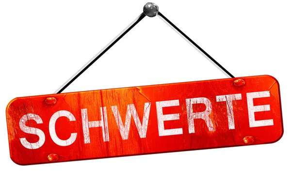 Schwerte, representación 3D, un cartel colgante rojo —  Fotos de Stock