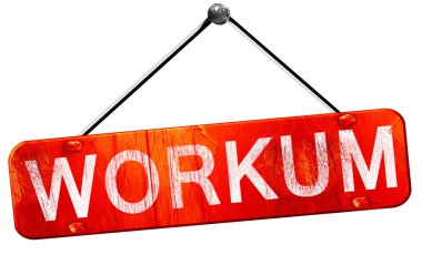 Workum, 3D rendering, a red hanging sign
